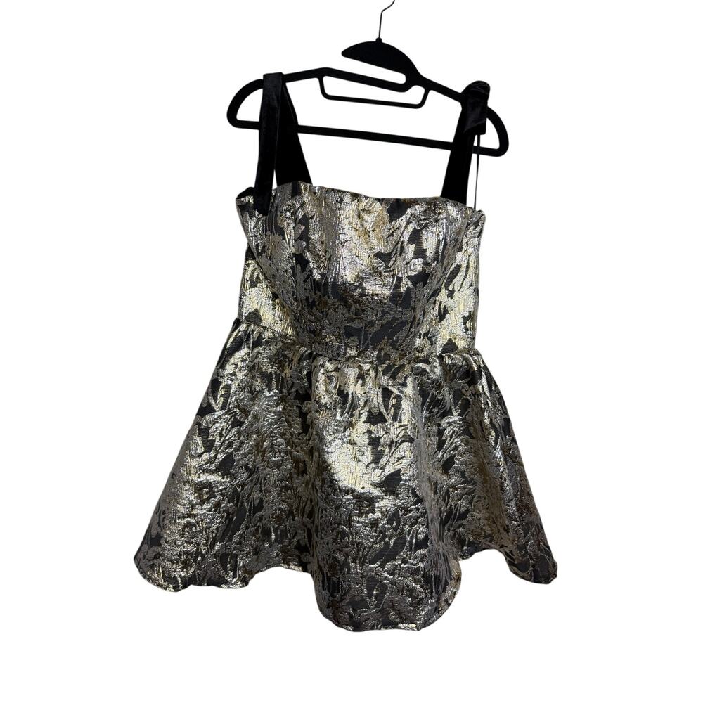Metallic Brocade Mini Dress 12 Black Gold Silver Velvet Strap Homecoming Holiday